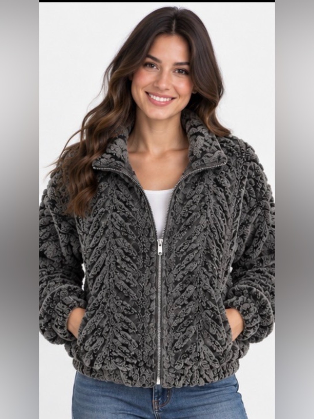 Pilcro Anthropologie Faux Fur Sherpa Textured Zip Jacket Gray M